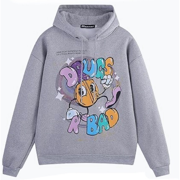 Gray Novelty Hoodie Drugs R Bad Cartoon Graphic Unisex👫Hooded Pullover Sz 2XL - Picture 1 of 5